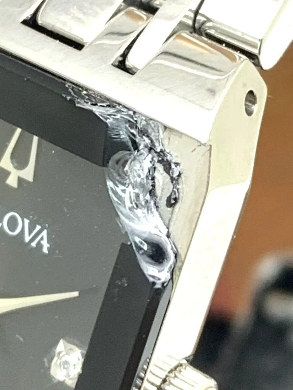 Bulova Women's Watch 96P202 Black Dial Diamond Quadra Silver BROKEN CRYSTAL